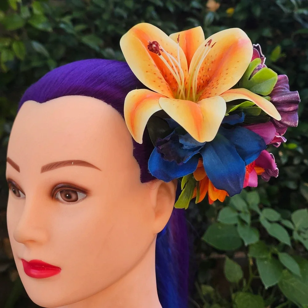 Handmade Tropical Floral Hair Clip Fascinator‎ Orchid Lily Tiki Burlesque